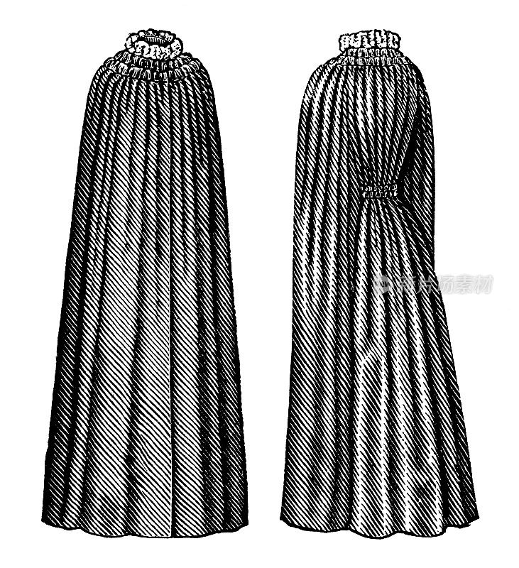 19世纪90年代维多利亚时代的时尚，女士褶皱斗篷(正面和背面)- 19世纪
